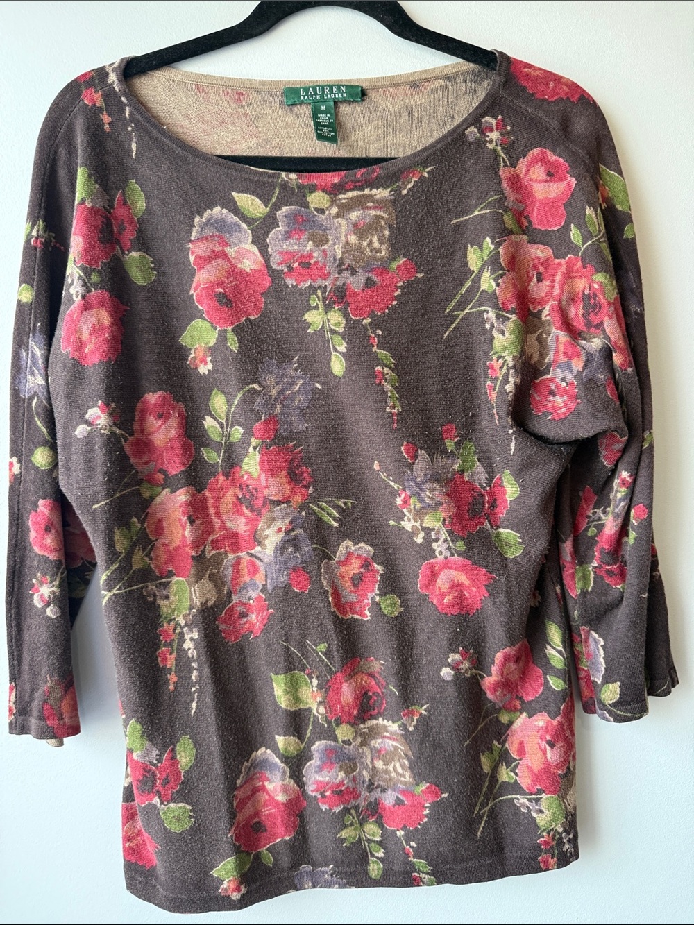 Lauren Ralph Lauren Brown Floral Scoop Neck Top with Pink Roses silk blend M